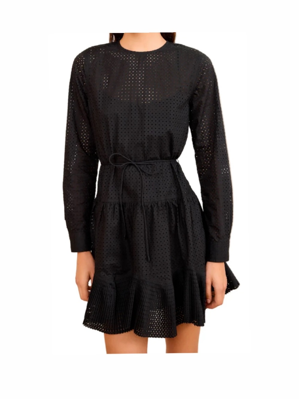 Ulla Johnson Black Eyelet Long-Sleeve Tie-Waist Dress